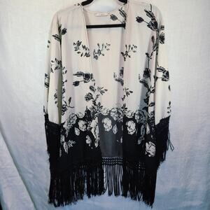 Vintage G Reve SZ Large Longline Fringed Open Front Kimono Black Cream Floral